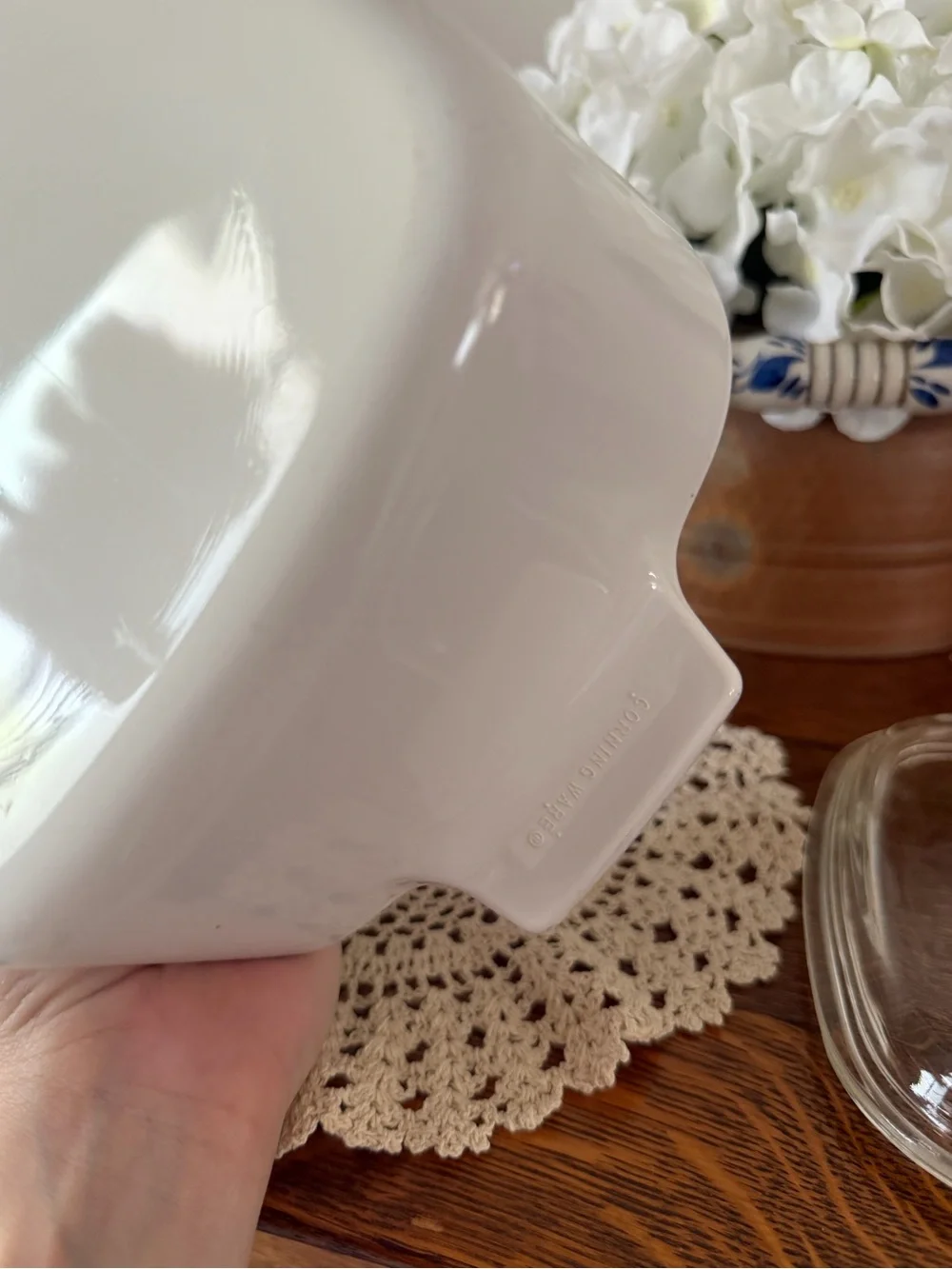 Corningware White Casserole Dish with Floral Basket Motif and Clear Glass Lid